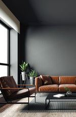 Modern Minimalist Living room with leather couch and chair, muted neutral gray walls and hardwood floors.